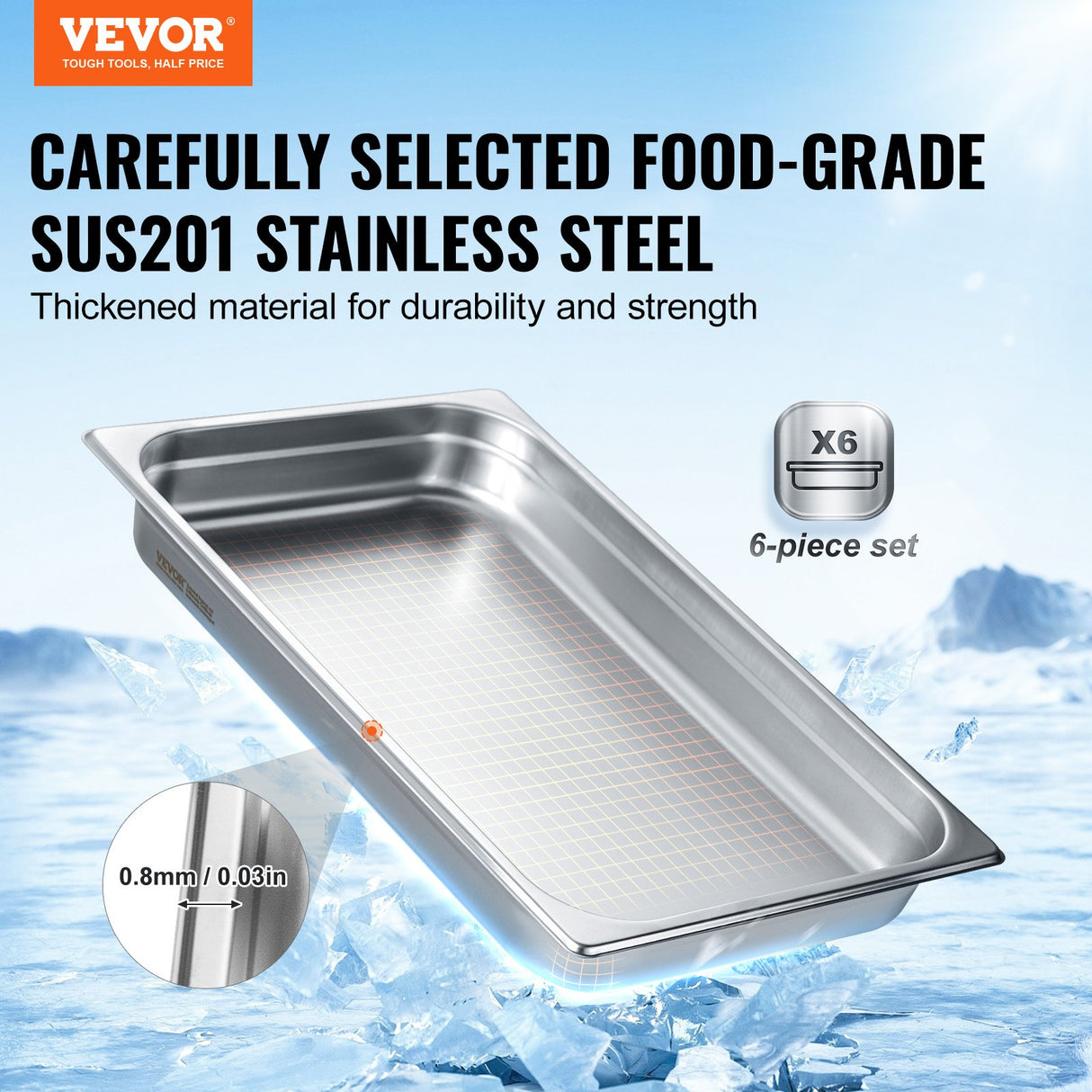 VEVOR 6 Pack Hotel Pans, Full Size Anti-Jam Steam Pan, 0.8mm Thick Stainless Steel Restaurant Steam Table Pan, 2.5-Inch Deep Commercial Table Pan,