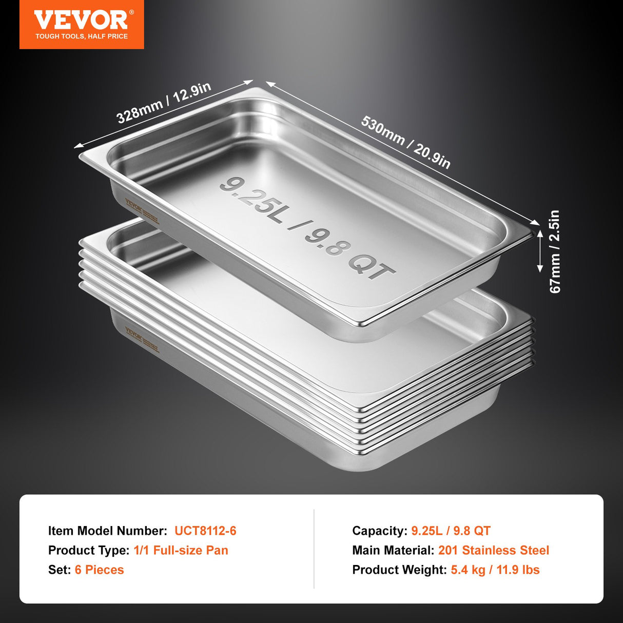 VEVOR 6 Pack Hotel Pans, Full Size Anti-Jam Steam Pan, 0.8mm Thick Stainless Steel Restaurant Steam Table Pan, 2.5-Inch Deep Commercial Table Pan,