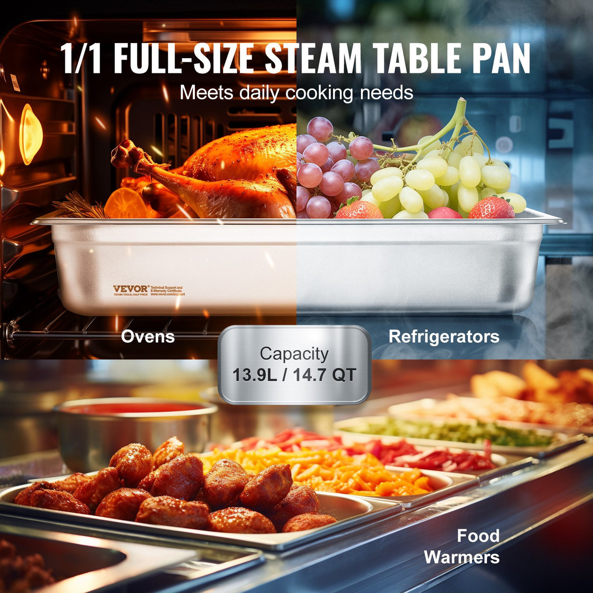 VEVOR 6 Pack Hotel Pans, Full Size Anti-Jam Steam Pan, 0.8mm Thick Stainless Steel Restaurant Steam Table Pan, 4-Inch Deep Commercial Table Pan,