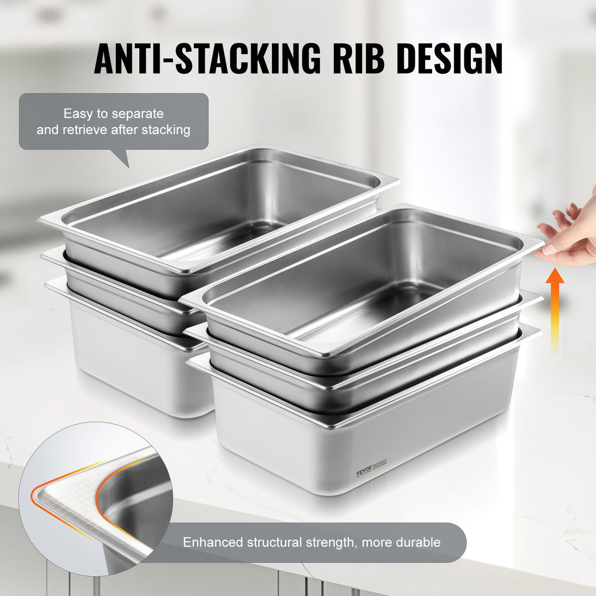 VEVOR 6 Pack Hotel Pans, Full Size Anti-Jam Steam Pan, 0.8mm Thick Stainless Steel Restaurant Steam Table Pan, 6-Inch Deep Commercial Table Pan,