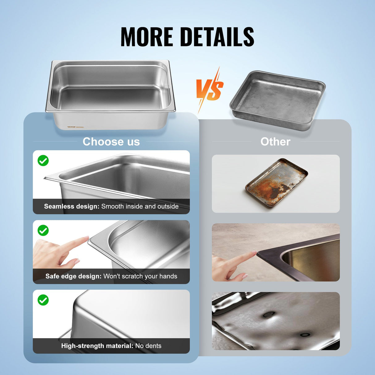 VEVOR 6 Pack Hotel Pans, Full Size Anti-Jam Steam Pan, 0.8mm Thick Stainless Steel Restaurant Steam Table Pan, 6-Inch Deep Commercial Table Pan,