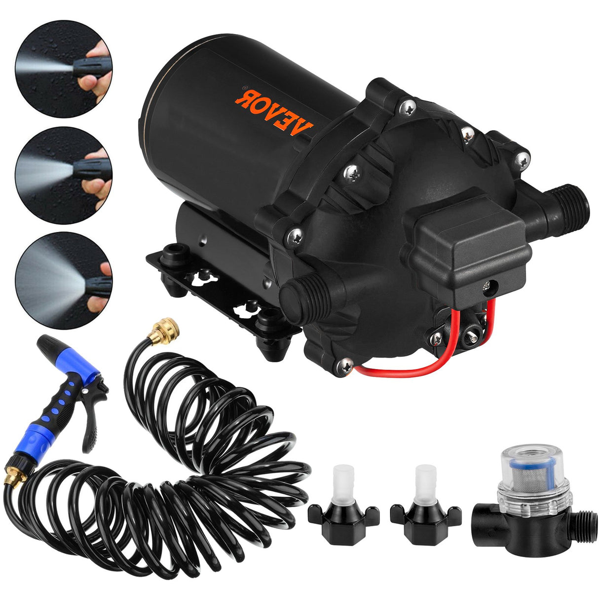VEVOR RV Water Pump 5.3 GPM 5.5 Gallons Per Minute 12V Water Pump Automatic 70 PSI Diaphragm Pump with 25 Foot Coiled Hose Washdown Pumps for Boats