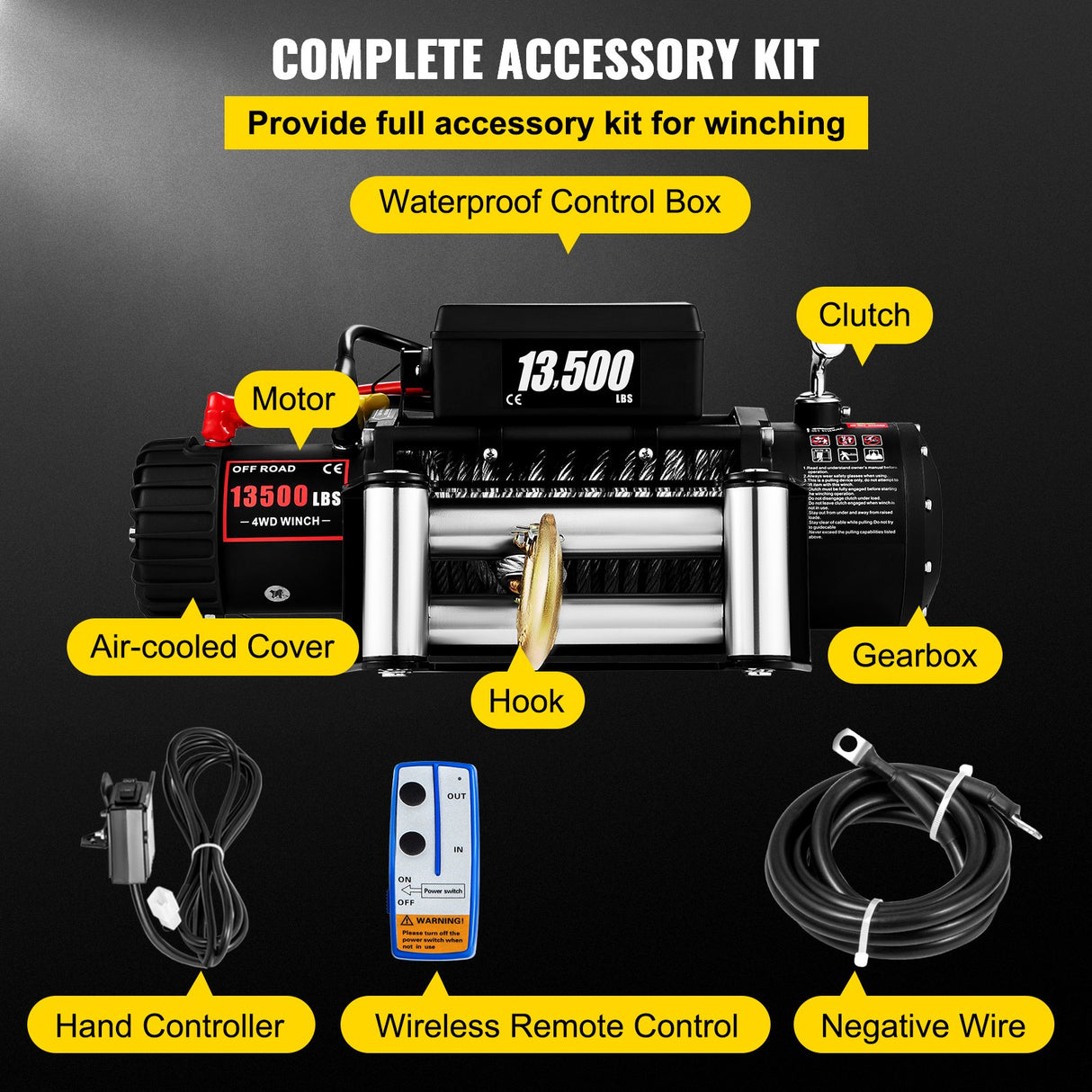 VEVOR Electric Winch 13500lb/6123kg, Steel Cable Recovery Winch 12V, Power Winch with Wireless Remote Control, Handlebar-Mounted Rocker and Powerful