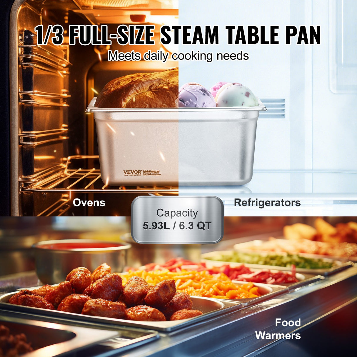 VEVOR 8 Pack Hotel Pans, 1/3 Size Anti-Jam Steam Pan with Lid, 0.8mm Thick Stainless Steel Steam Table Pan, 6-Inch Deep Commercial Table Pan, Catering