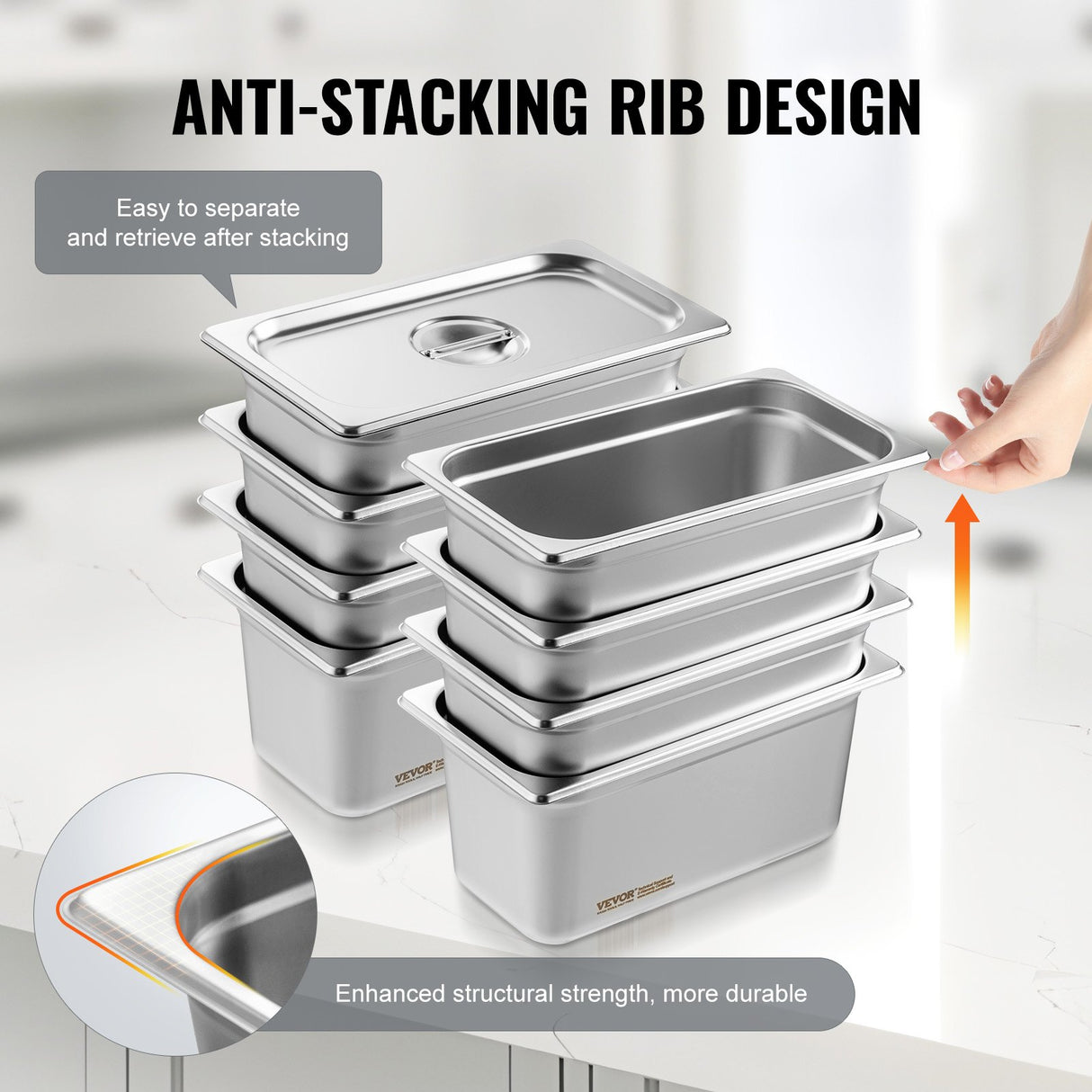 VEVOR 8 Pack Hotel Pans, 1/3 Size Anti-Jam Steam Pan with Lid, 0.8mm Thick Stainless Steel Steam Table Pan, 6-Inch Deep Commercial Table Pan, Catering
