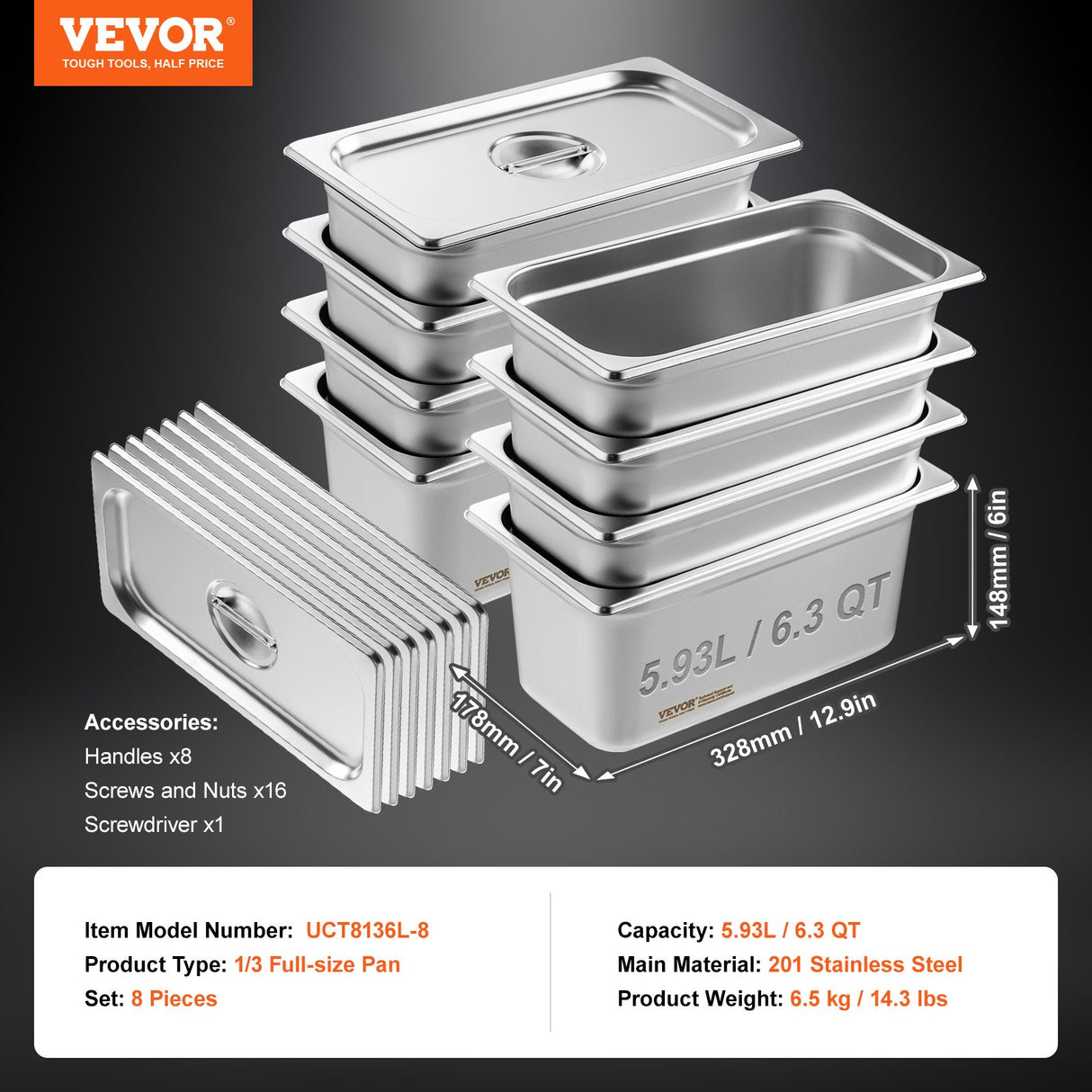 VEVOR 8 Pack Hotel Pans, 1/3 Size Anti-Jam Steam Pan with Lid, 0.8mm Thick Stainless Steel Steam Table Pan, 6-Inch Deep Commercial Table Pan, Catering