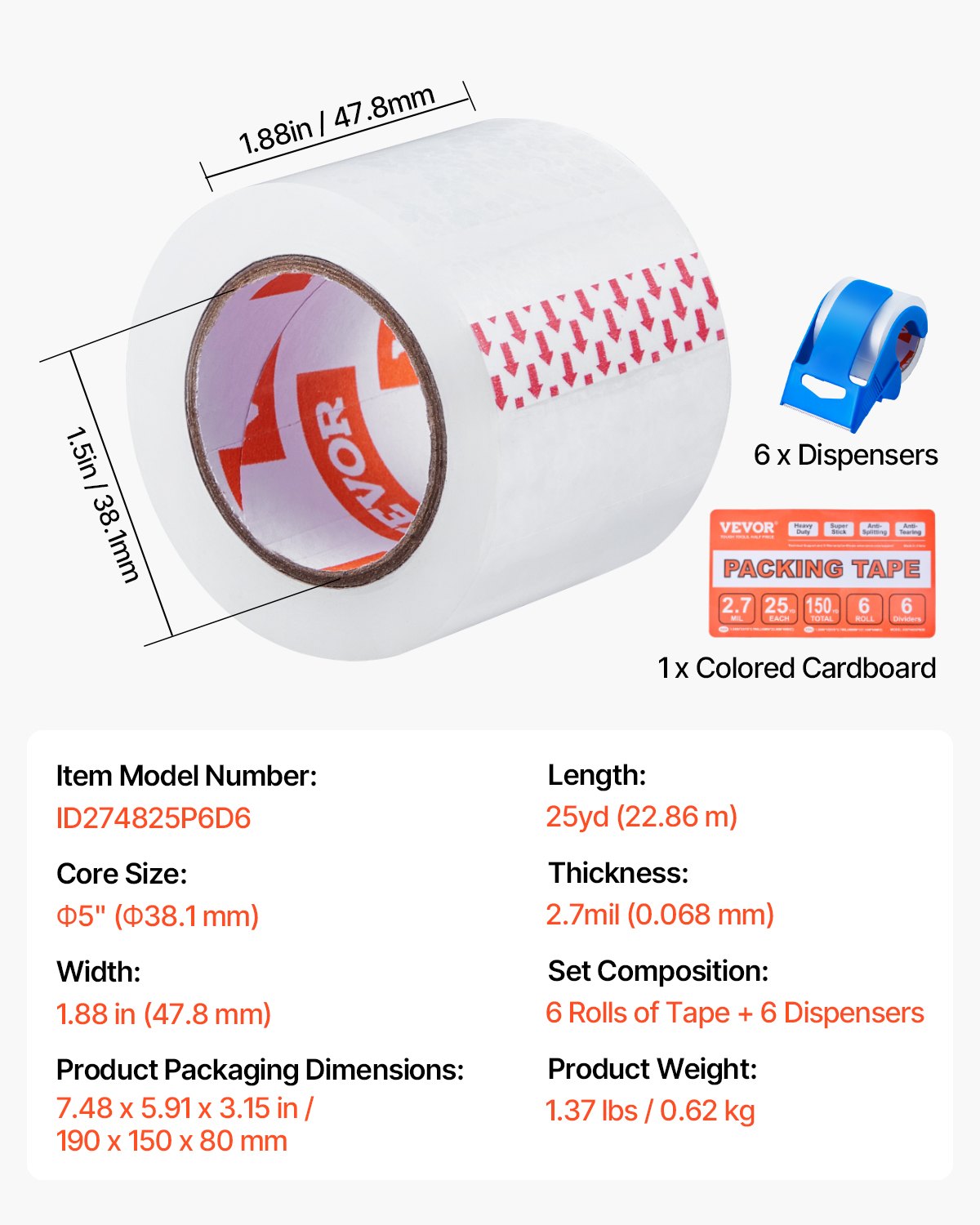 VEVOR Packing Tape 6 Rolls 25 Yards Clear Shipping Tape with Dispenser 2.7 Mil