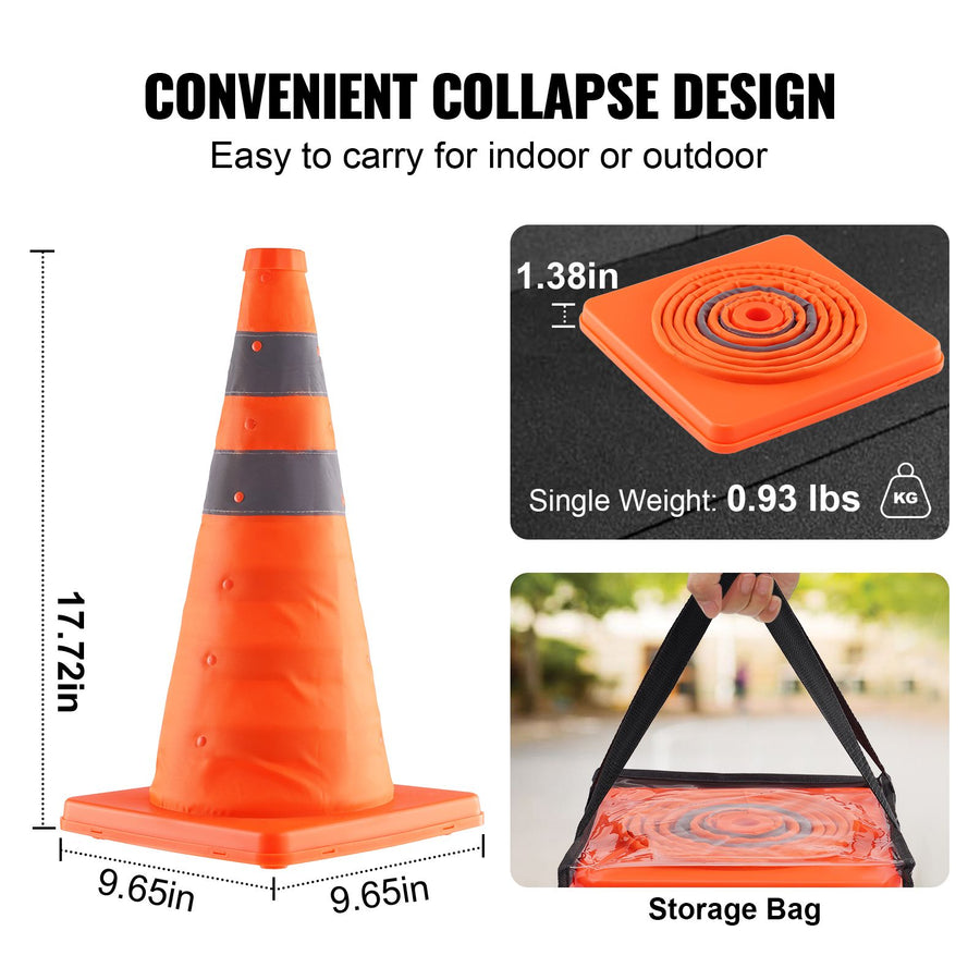 Safety Cones, 4 Pack 18 inch Collapsible Traffic Cones, Construction Cones with Reflective Collars, Wide Base and A Storage Bag, for Traffic Control, Driving Training, Parking Lots
