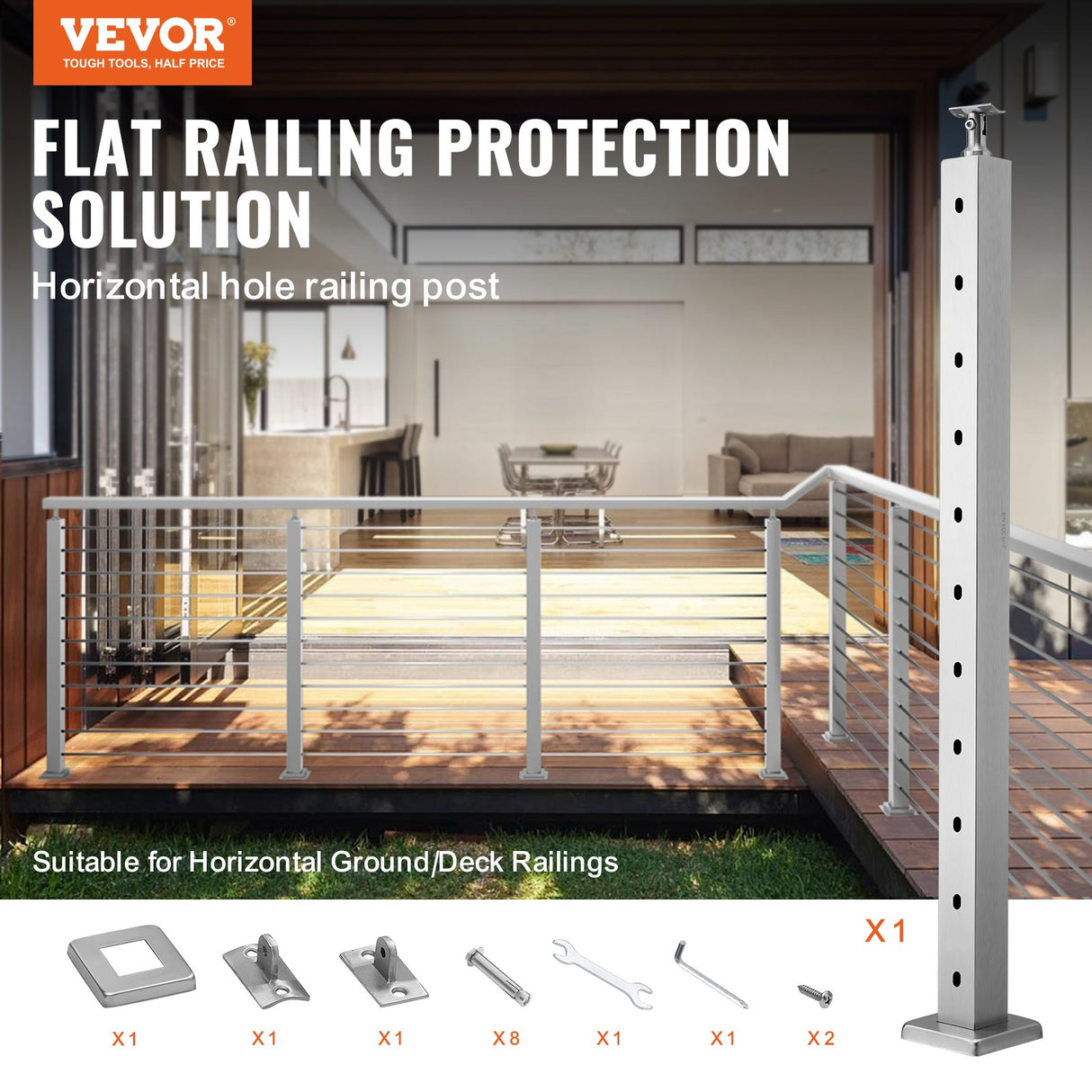 VEVOR Cable Railing Post, 36" x 2" x 2" Steel Horizontal Hole Deck Railing Post, 10 Pre-Drilled Holes, SUS304 Stainless Steel Cable Rail Post with Horizontal and Curved Bracket, 1-Pack, Silver, 91.4*5*5 cm