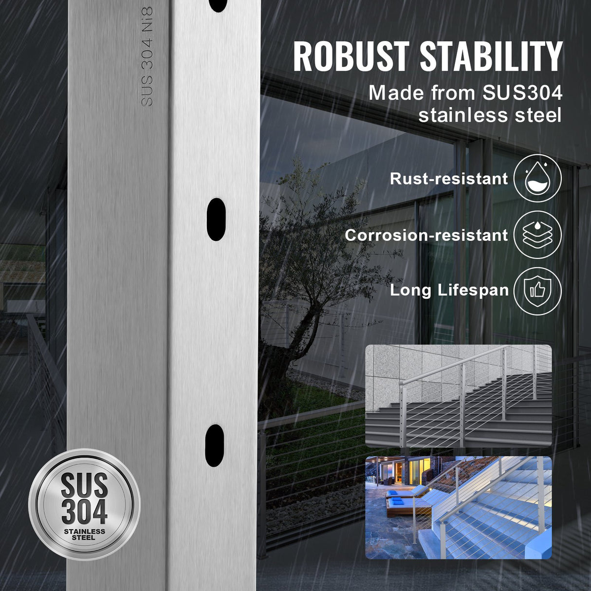 VEVOR Cable Railing Post, 36" x 2" x 2" Steel Horizontal Hole Deck Railing Post, 10 Pre-Drilled Holes, SUS304 Stainless Steel Cable Rail Post with Horizontal and Curved Bracket, 1-Pack, Silver, 91.4*5*5 cm