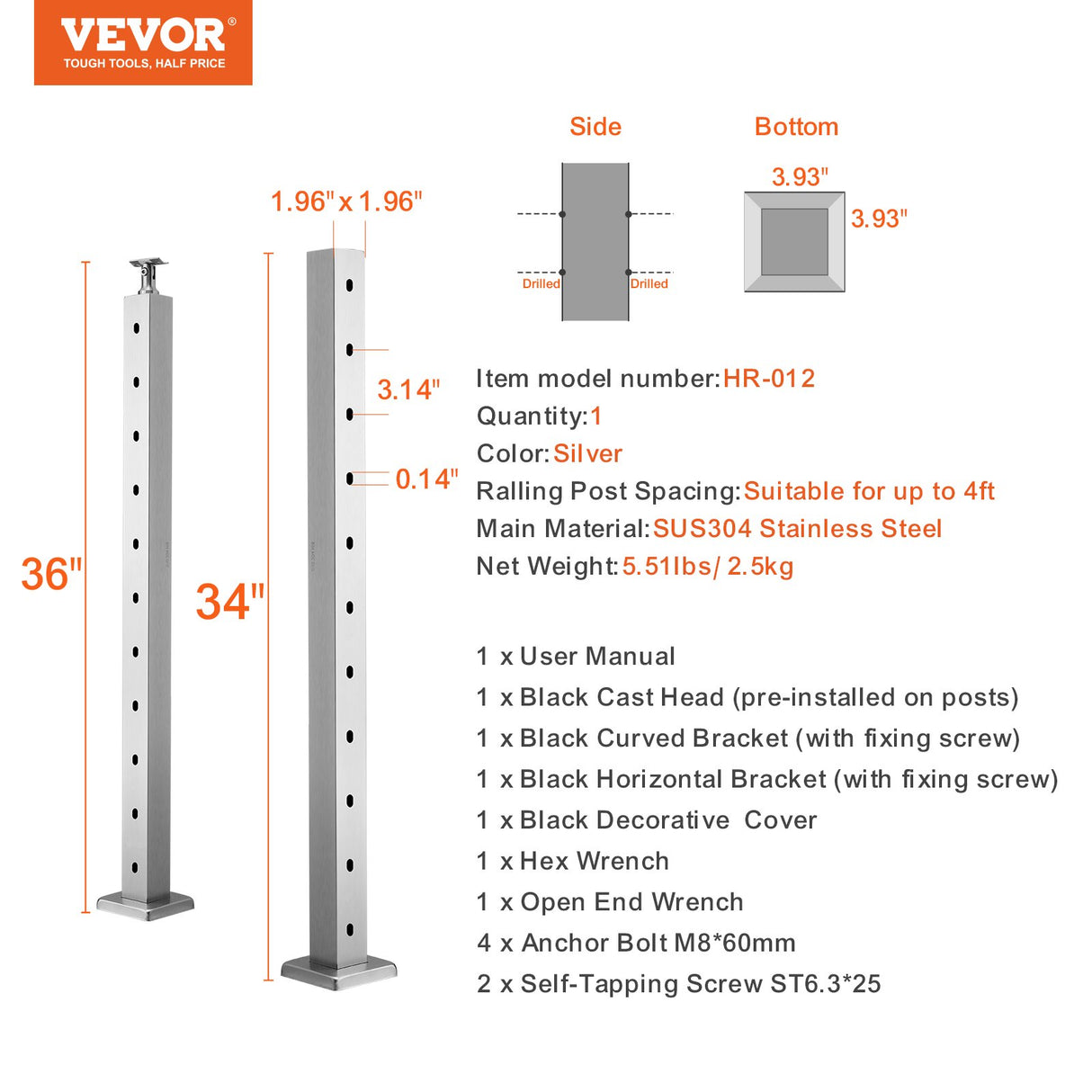 VEVOR Cable Railing Post, 36" x 2" x 2" Steel Horizontal Hole Deck Railing Post, 10 Pre-Drilled Holes, SUS304 Stainless Steel Cable Rail Post with Horizontal and Curved Bracket, 1-Pack, Silver, 91.4*5*5 cm