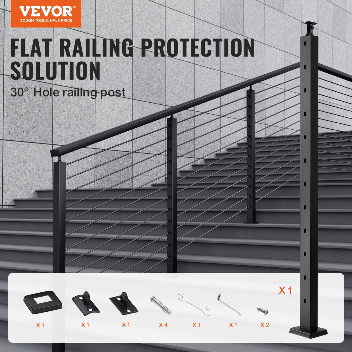 VEVOR Cable Railing Post, 42" x 1" x 2" Steel Angled Hole Stair Railing Post, 12 Pre-Drilled Holes, SUS304 Stainless Steel Cable Rail Post with Horizontal and Curved Bracket, 1-Pack, Black, 106.7*2.5*5 cm