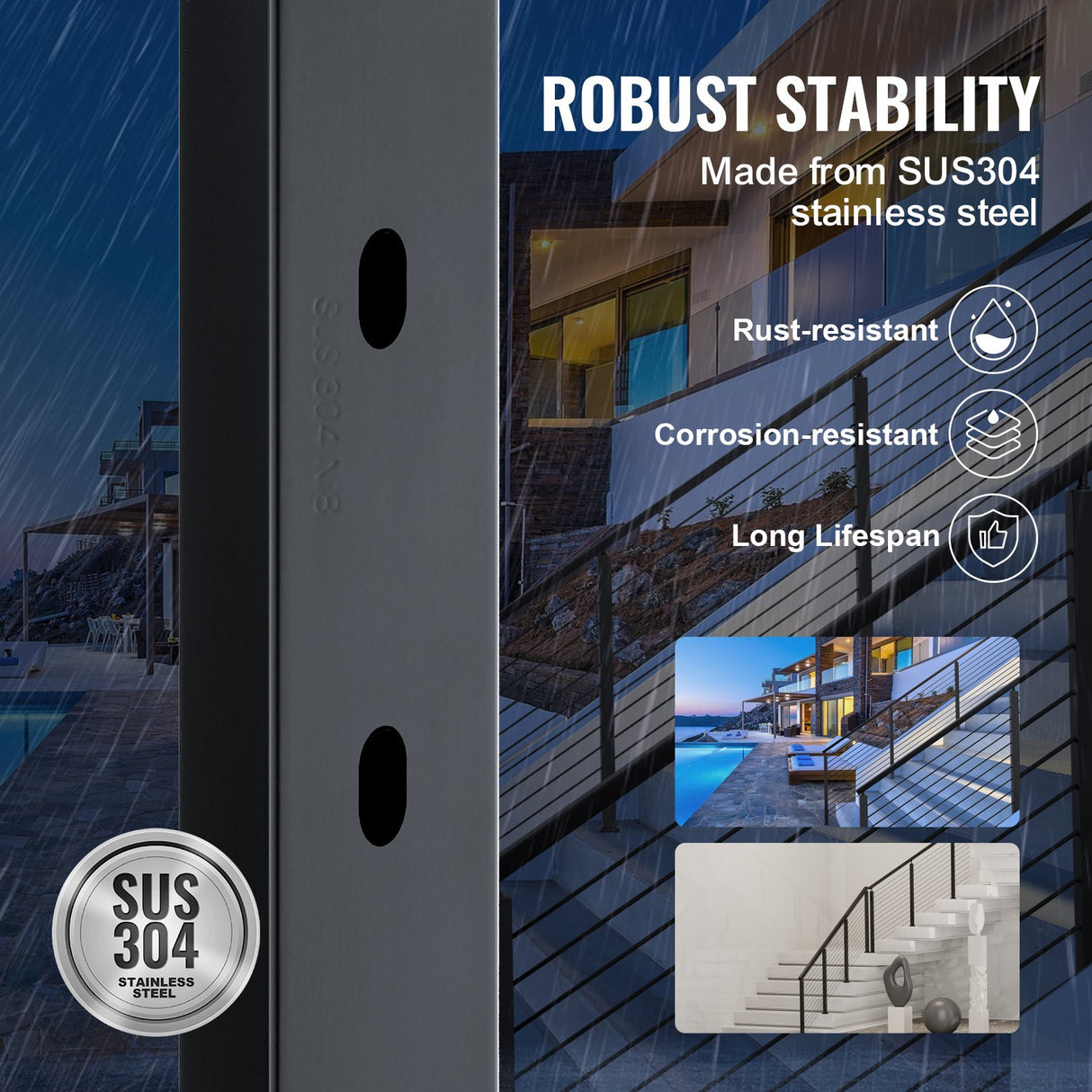 VEVOR Cable Railing Post, 42" x 1" x 2" Steel Angled Hole Stair Railing Post, 12 Pre-Drilled Holes, SUS304 Stainless Steel Cable Rail Post with Horizontal and Curved Bracket, 1-Pack, Black, 106.7*2.5*5 cm