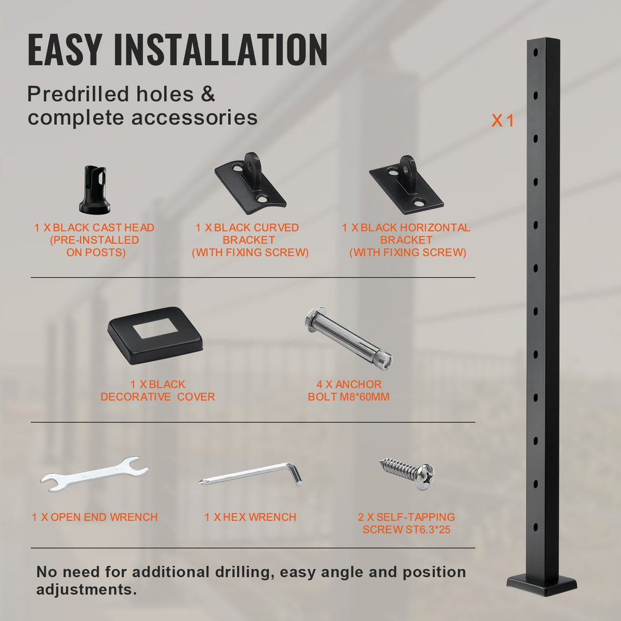 VEVOR Cable Railing Post, 42" x 1" x 2" Steel Angled Hole Stair Railing Post, 12 Pre-Drilled Holes, SUS304 Stainless Steel Cable Rail Post with Horizontal and Curved Bracket, 1-Pack, Black, 106.7*2.5*5 cm