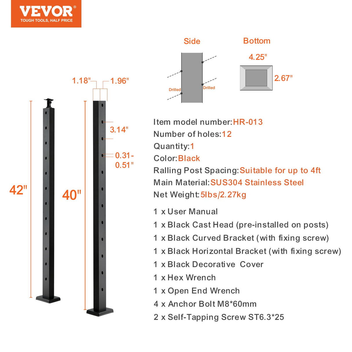 VEVOR Cable Railing Post, 42" x 1" x 2" Steel Angled Hole Stair Railing Post, 12 Pre-Drilled Holes, SUS304 Stainless Steel Cable Rail Post with Horizontal and Curved Bracket, 1-Pack, Black, 106.7*2.5*5 cm