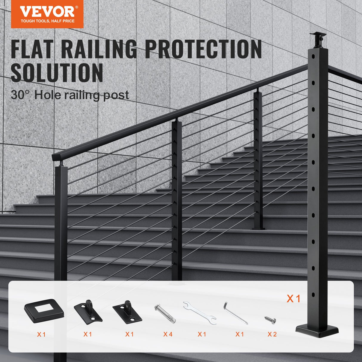 VEVOR Cable Railing Post, 36" x 1" x 2" Angled Hole Stair Railing Post, 10 Pre-Drilled Holes, SUS304 Stainless Steel Cable Rail Post with Horizontal and Curved Bracket, 1-Pack, Black, 91.4*2.5*5 cm
