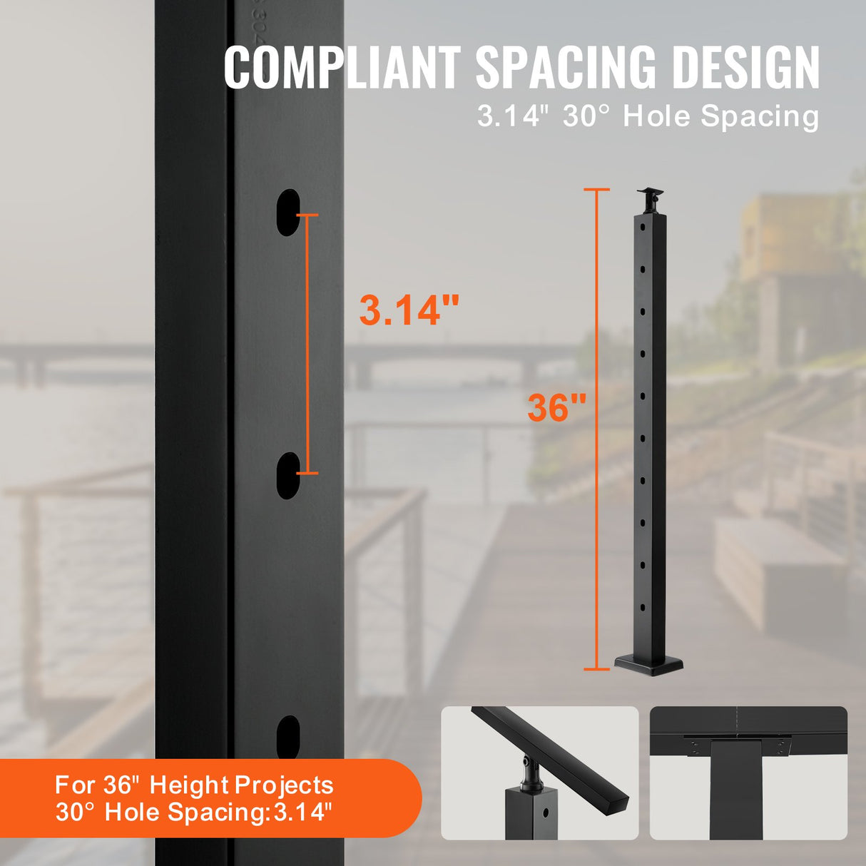 VEVOR Cable Railing Post, 36" x 1" x 2" Angled Hole Stair Railing Post, 10 Pre-Drilled Holes, SUS304 Stainless Steel Cable Rail Post with Horizontal and Curved Bracket, 1-Pack, Black, 91.4*2.5*5 cm