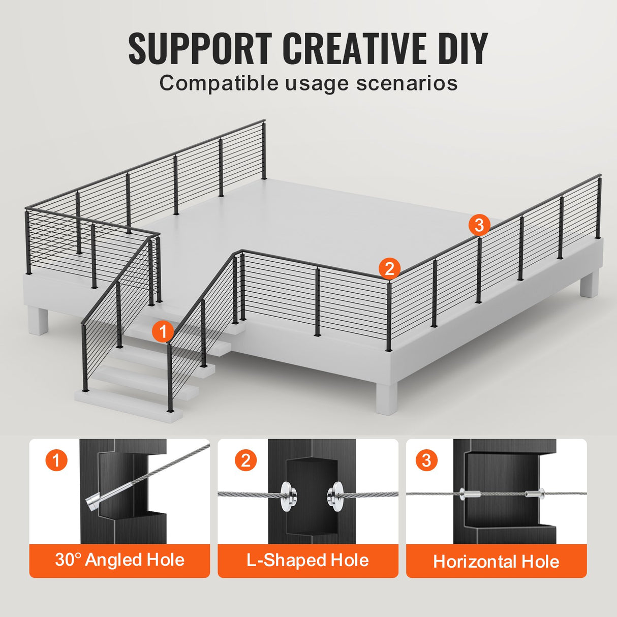 VEVOR Cable Railing Post, 36" x 1" x 2" Angled Hole Stair Railing Post, 10 Pre-Drilled Holes, SUS304 Stainless Steel Cable Rail Post with Horizontal and Curved Bracket, 1-Pack, Black, 91.4*2.5*5 cm