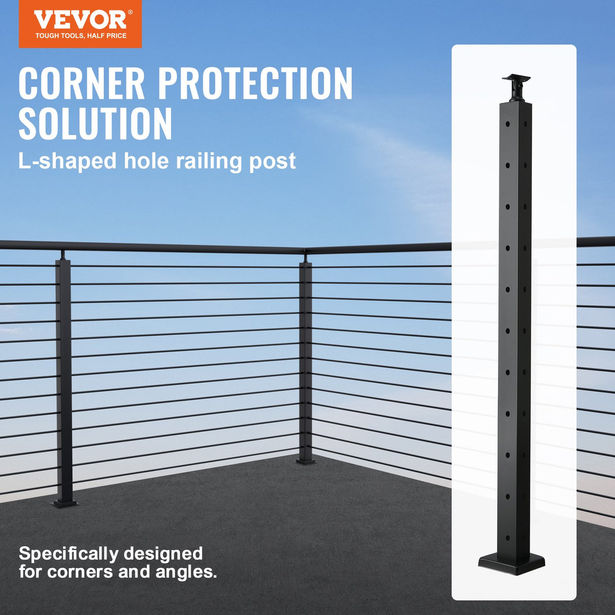 VEVOR Cable Railing Post, 36" x 1" x 2" Steel L-Shaped Hole Corner Railing Post, 10 Pre-Drilled Holes, SUS304 Stainless Steel Cable Rail Post with Horizontal and Curved Bracket, 1-Pack, Black ,91.4*2.5*5 cm