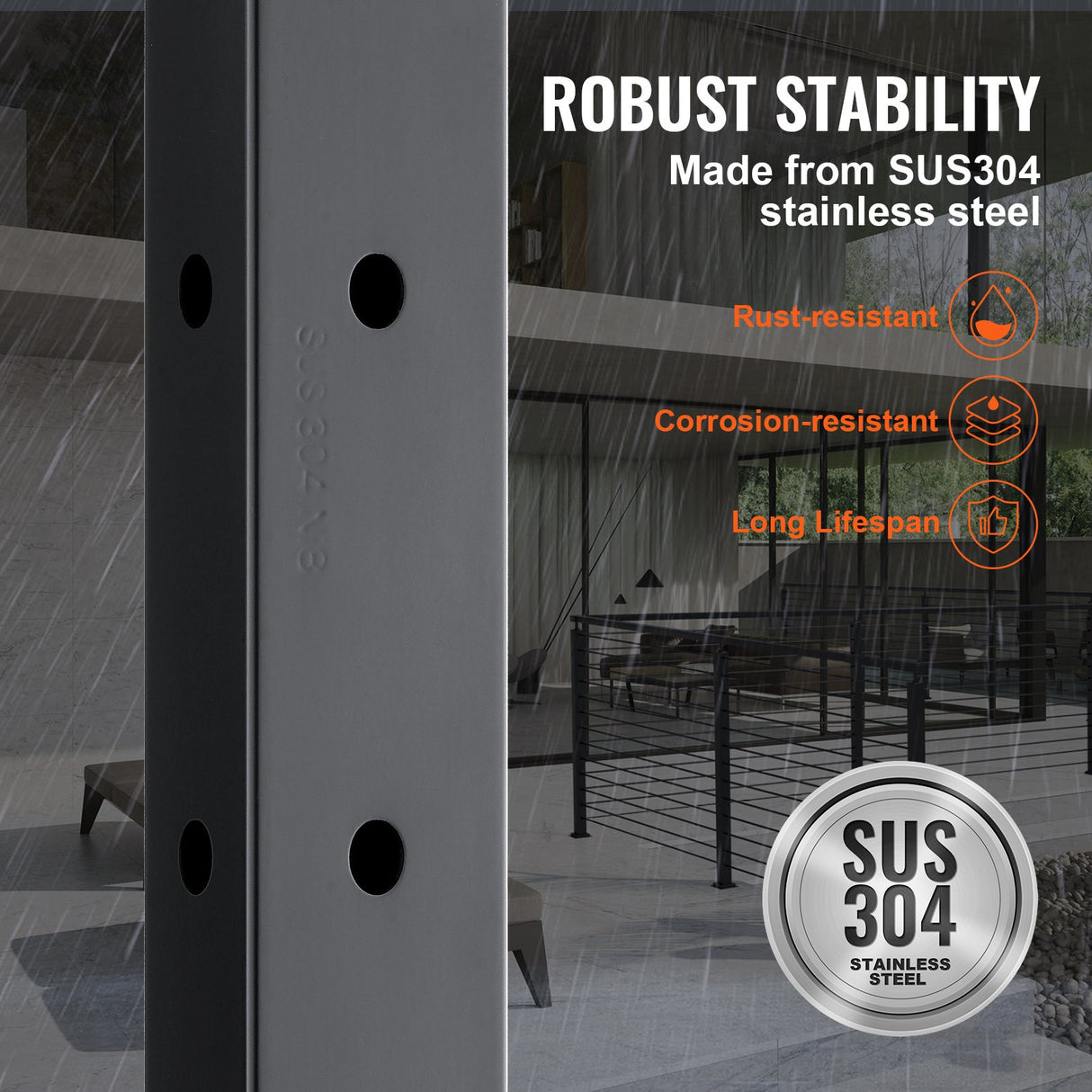 VEVOR Cable Railing Post, 36" x 1" x 2" Steel L-Shaped Hole Corner Railing Post, 10 Pre-Drilled Holes, SUS304 Stainless Steel Cable Rail Post with Horizontal and Curved Bracket, 1-Pack, Black ,91.4*2.5*5 cm