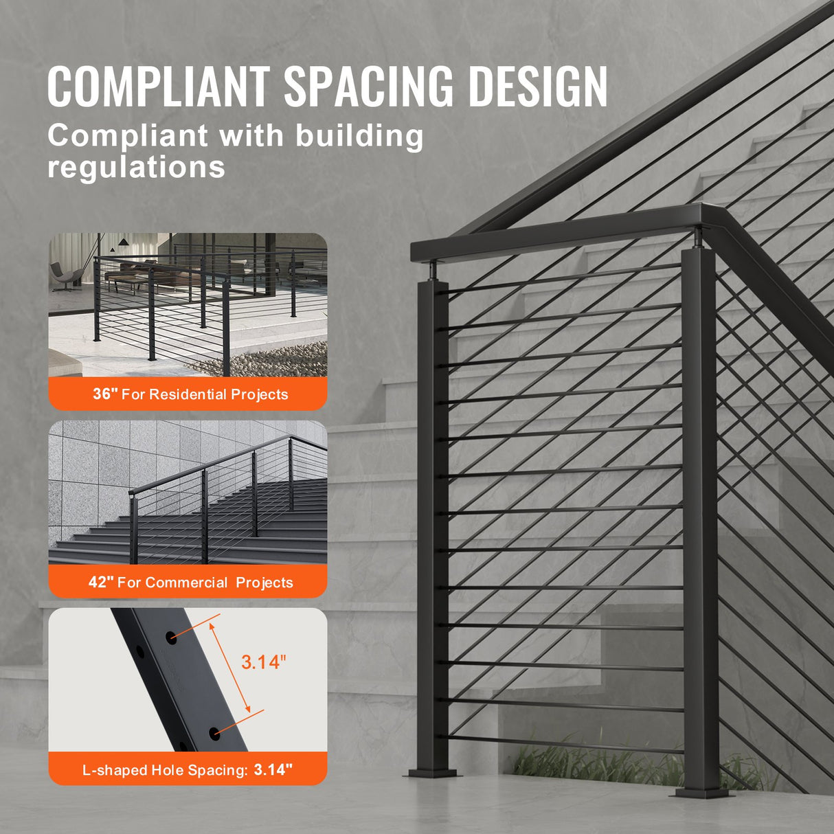 VEVOR Cable Railing Post, 36" x 1" x 2" Steel L-Shaped Hole Corner Railing Post, 10 Pre-Drilled Holes, SUS304 Stainless Steel Cable Rail Post with Horizontal and Curved Bracket, 1-Pack, Black ,91.4*2.5*5 cm