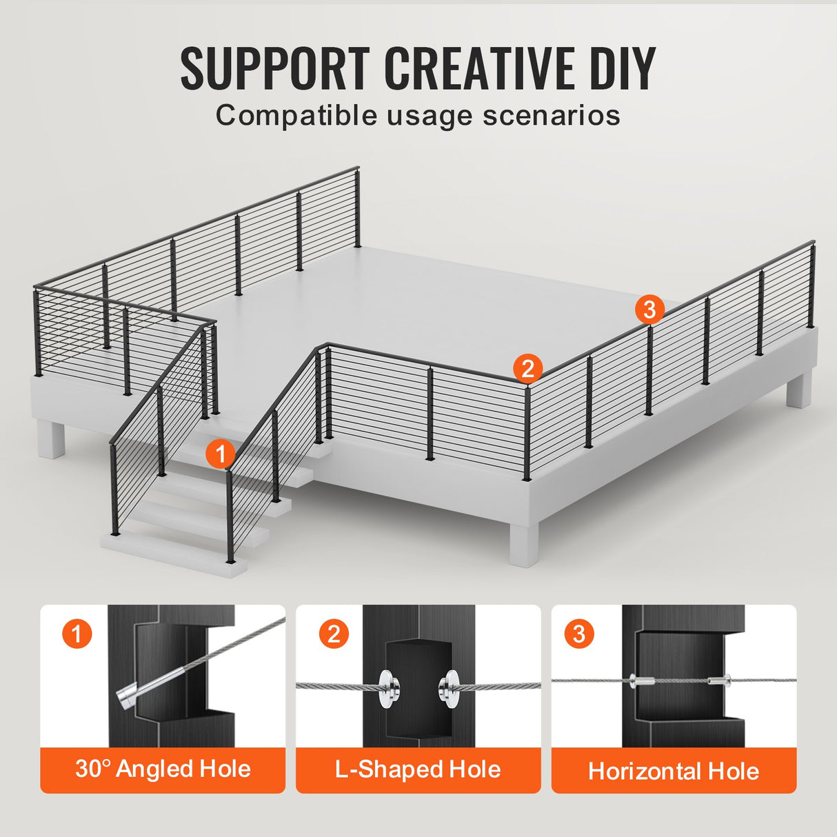 VEVOR Cable Railing Post, 36" x 1" x 2" Steel L-Shaped Hole Corner Railing Post, 10 Pre-Drilled Holes, SUS304 Stainless Steel Cable Rail Post with Horizontal and Curved Bracket, 1-Pack, Black ,91.4*2.5*5 cm