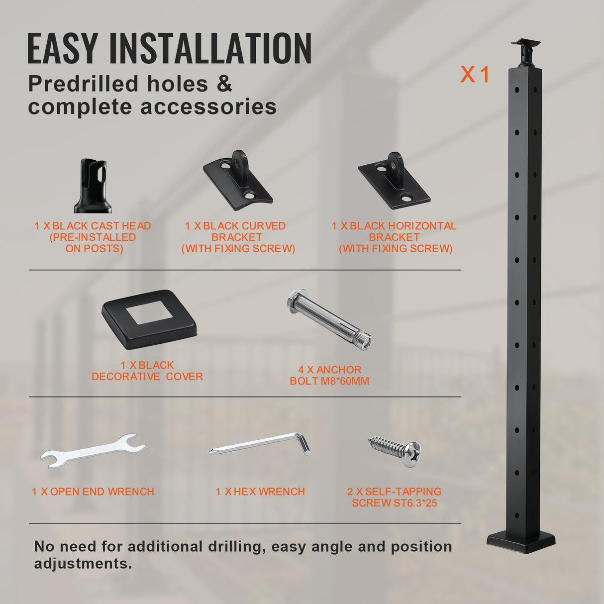 VEVOR Cable Railing Post, 36" x 1" x 2" Steel L-Shaped Hole Corner Railing Post, 10 Pre-Drilled Holes, SUS304 Stainless Steel Cable Rail Post with Horizontal and Curved Bracket, 1-Pack, Black ,91.4*2.5*5 cm
