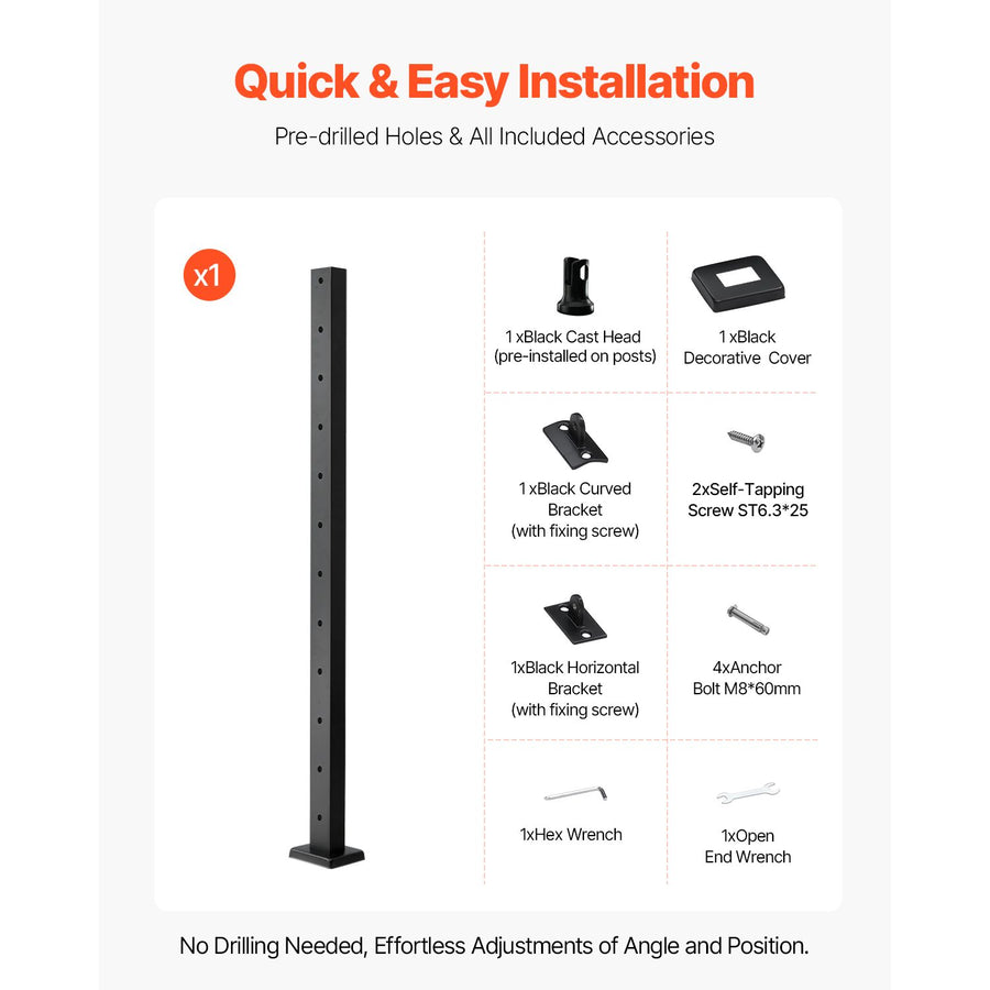 Cable Railing Post, 106.7x2.5x5 cm Level Deck Stair Posts, 1-Pack Stainless Steel Cable Handrail Post, Pre-Drilled Pickets with Mounting Bracket Stair Railing Kit, Black, 1JZLGZXHS1063GGTD001V0