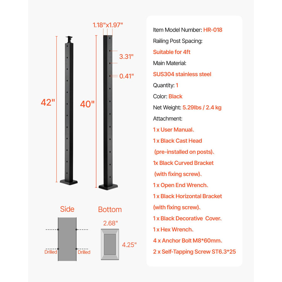 Cable Railing Post, 106.7x2.5x5 cm Level Deck Stair Posts, 1-Pack Stainless Steel Cable Handrail Post, Pre-Drilled Pickets with Mounting Bracket Stair Railing Kit, Black, 1JZLGZXHS1063GGTD001V0