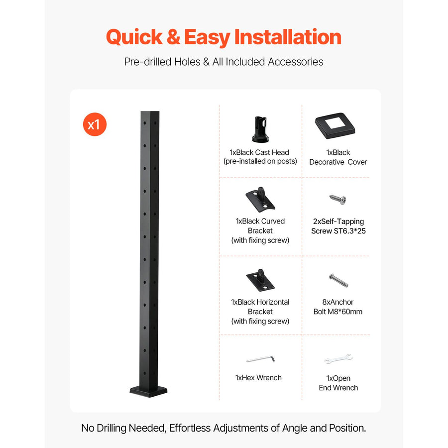 Cable Railing Post, 106.7x5x5cm Corner Railing Post, with L-Shaped Pre-Drilled Holes, Stainless Steel Cable Rail Post with Horizontal and Curved Bracket, 1-Pack, Black, 1JZLGZXHS1065S1EW001V0