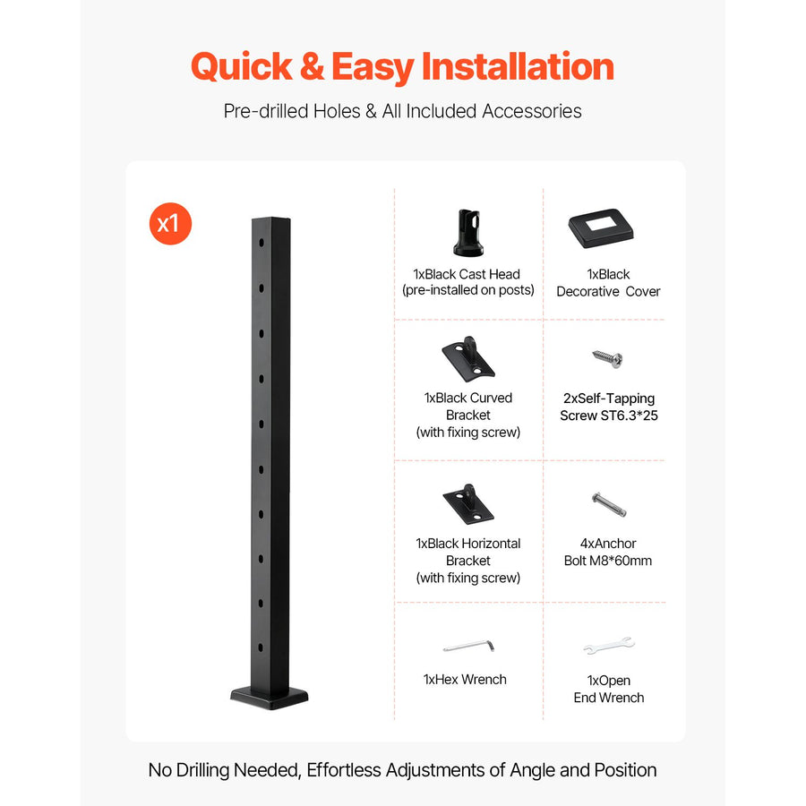 Cable Railing Post, 36x2x2 Inch Stair Railing Post, with Pre-Drilled 30° Angled Holes, Stainless Steel Cable Rail Post with Horizontal and Curved Bracket, 1-Pack, Black, 1JZLGZXHS914YIVIS001V0