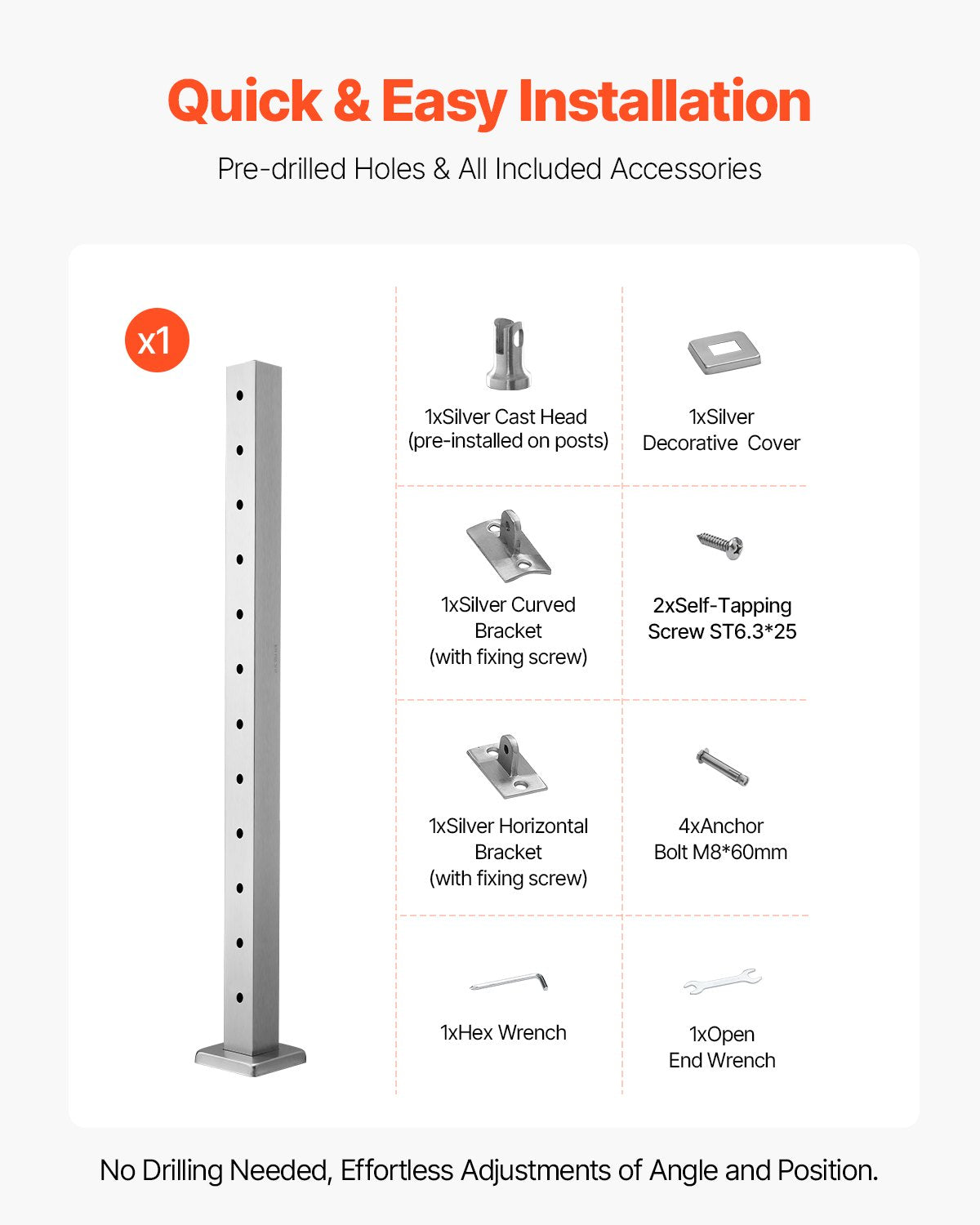 VEVOR Cable Railing Post 42x2x2 Inch Pre-Drilled Post 1JZLGZXYS1061EF8W001V0