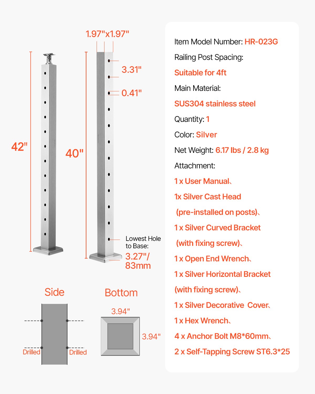 VEVOR Cable Railing Post 42x2x2 Inch Pre-Drilled Post 1JZLGZXYS1061EF8W001V0