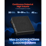 Car Audio Amplifier, 2-Channel Bridgeable Car Amplifier, Full-Range Class AB Stereo Amp, Max. 2 x 300W at 4 Ohms / 2 x 600W at 2 Ohms, High Output, for SUVs, Pickups, and Off-Road Vehicles