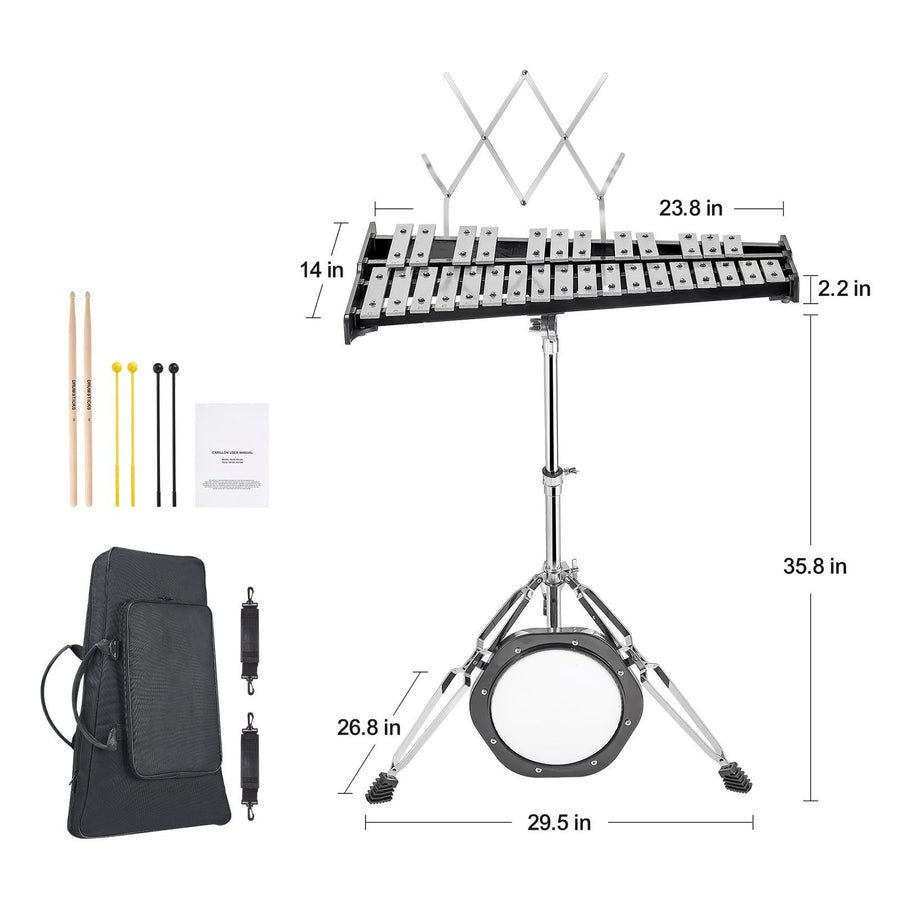 30 Note Glockenspiel Xylophone Bell Kit, Professional Percussion Instrument Set with Mallets, Drum Sticks, Music Stand, 8" Practice Pad, Adjustable Stand and Carrying Bag for Students & Adults