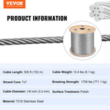 VEVOR 1/8 Stainless Steel Cable Railing 500ft, Wire Rope 316 Marine Grade, Braided Aircraft Cable 7x7 Strands Construction for Deck Rail Balusters