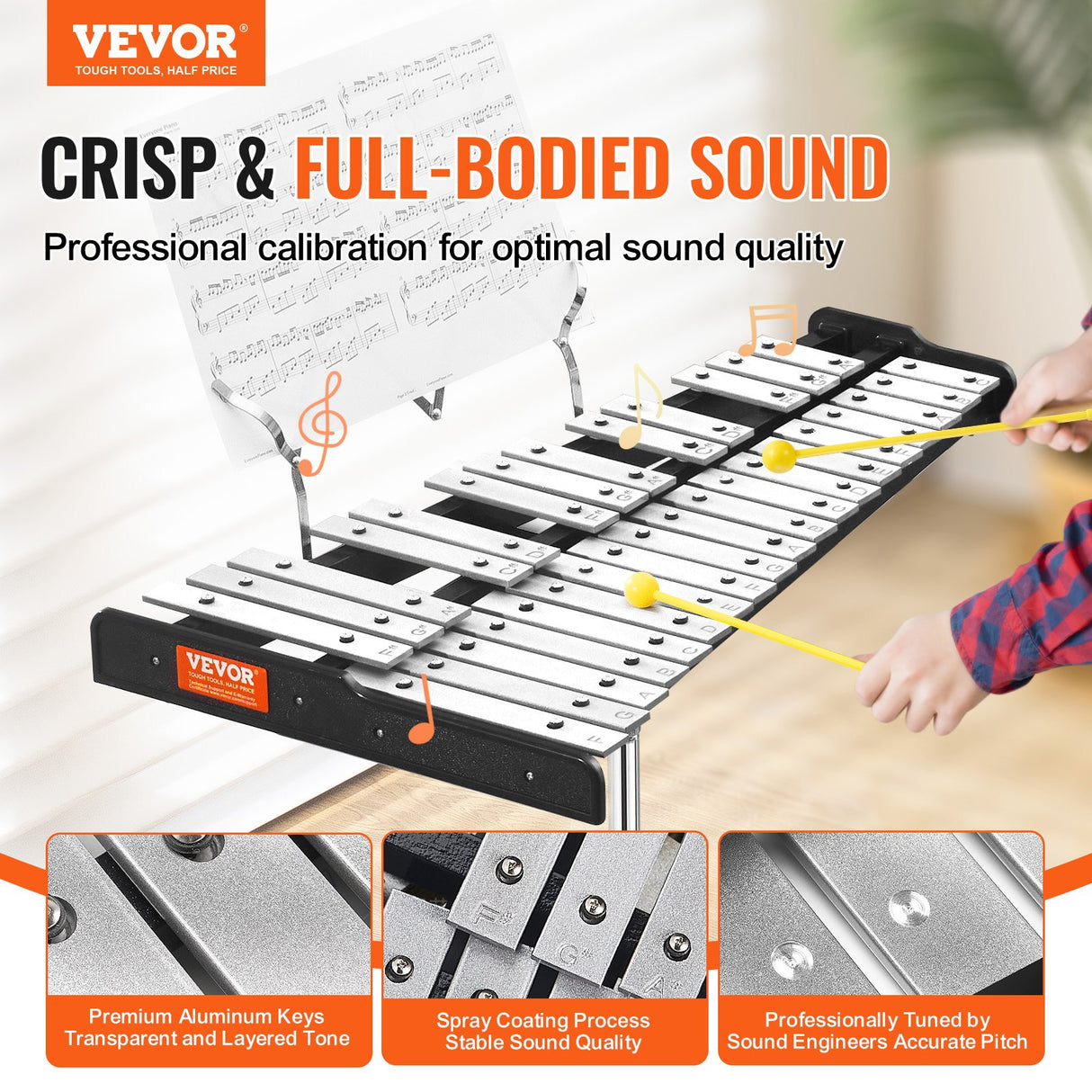 VEVOR 32 Note Glockenspiel Xylophone Bell Kit, Professional Percussion Instrument Set with Mallets, Drum Sticks, Music Stand, Adjustable Stand and Carrying Bag for Students & Adults