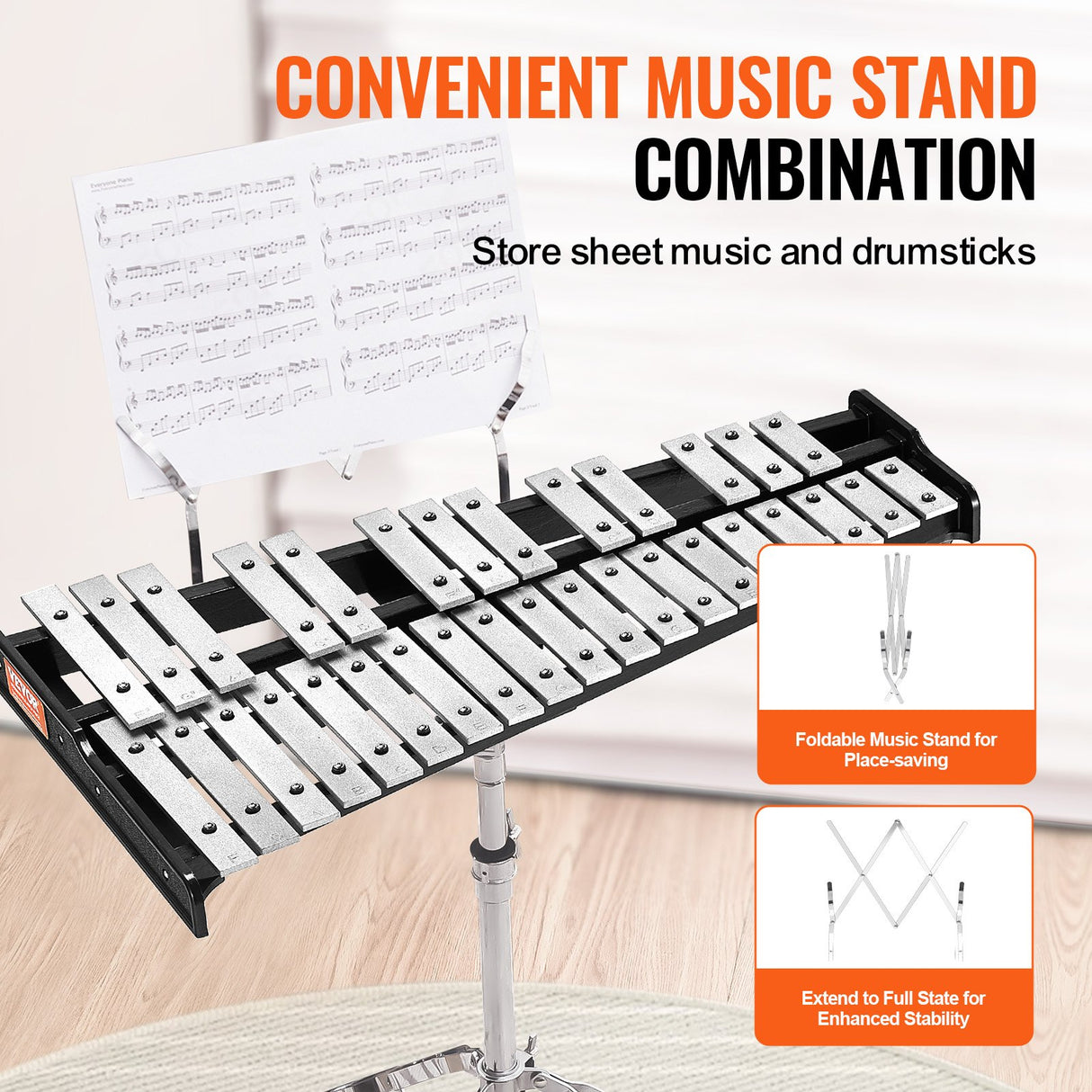 VEVOR 32 Note Glockenspiel Xylophone Bell Kit, Professional Percussion Instrument Set with Mallets, Drum Sticks, Music Stand, Adjustable Stand and Carrying Bag for Students & Adults