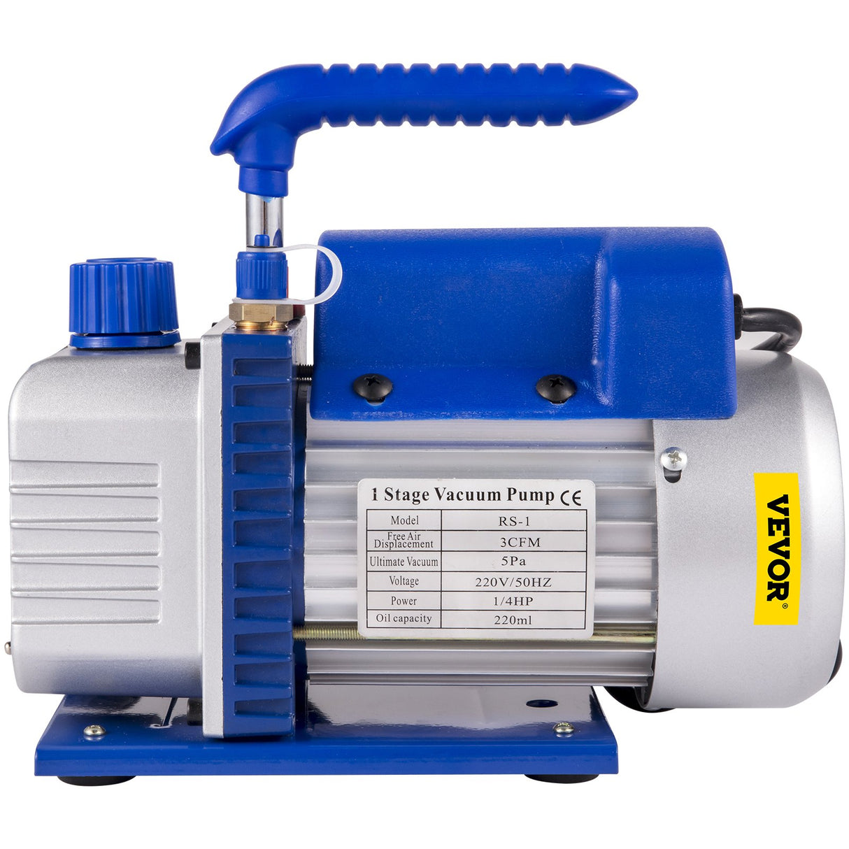 VEVOR 3CFM 84 L/M 1-Stage, Refrigerant Vacuum Pump Refrigeration Gauges A/C Air Conditioning 1440 RPM 1/4 HP, 3 pcs hoses 800 PSI Refrigeration Gauges