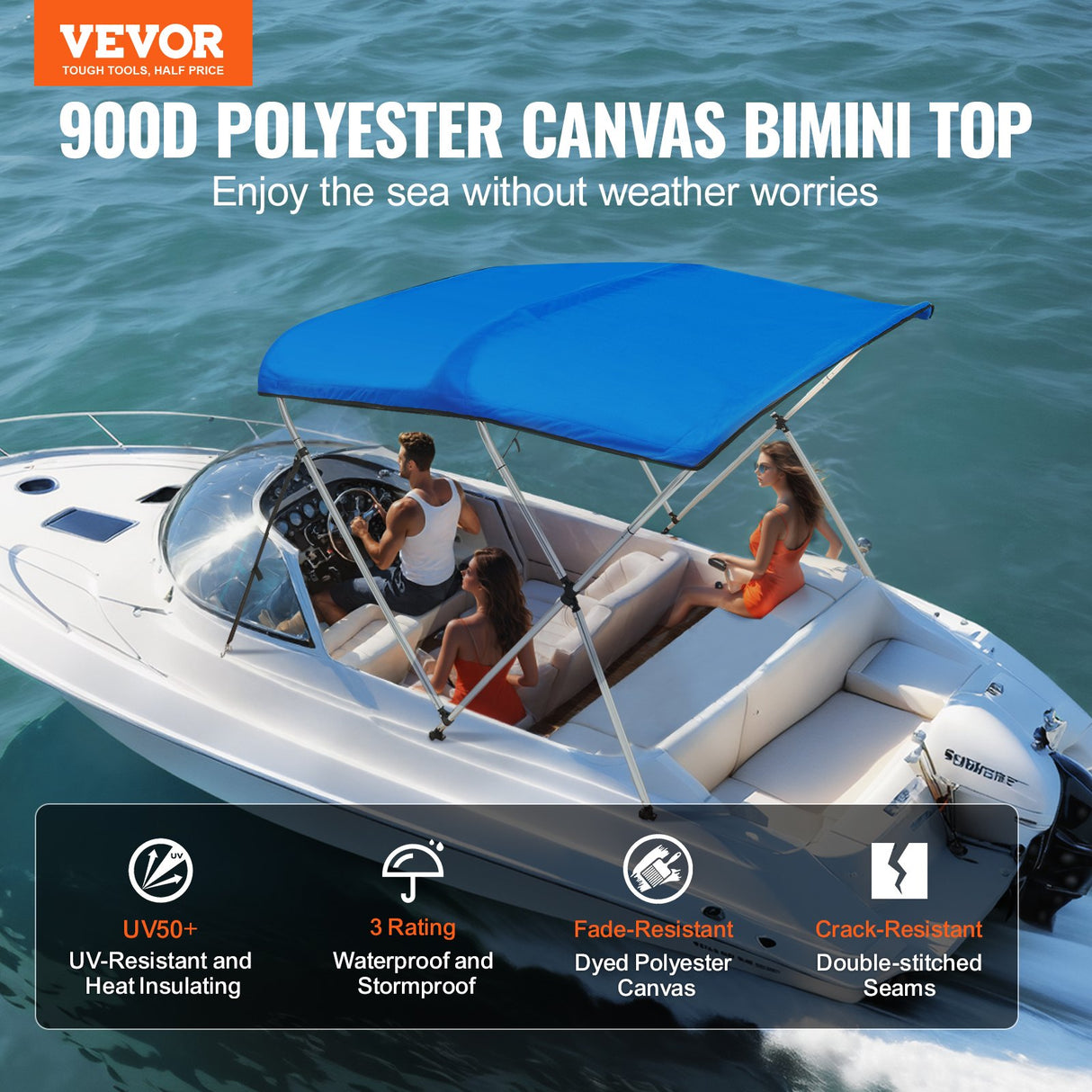 VEVOR 3 Bow Bimini Top Boat Cover, 900D Polyester Canopy with 1" Aluminum Alloy Frame, Waterproof and Sun Shade, Includes Storage Boot, 2 Support