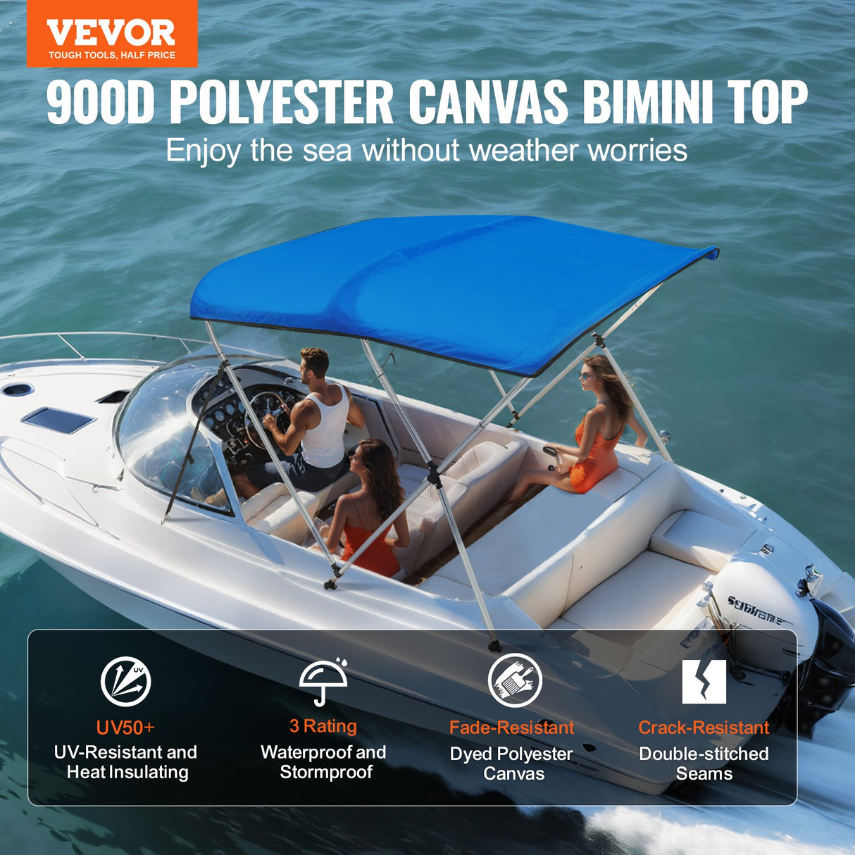 VEVOR 3 Bow Bimini Top Boat Cover, 900D Polyester Canopy with 1" Aluminum Alloy Frame, Waterproof and Sun Shade, Includes Storage Boot, 2 Support