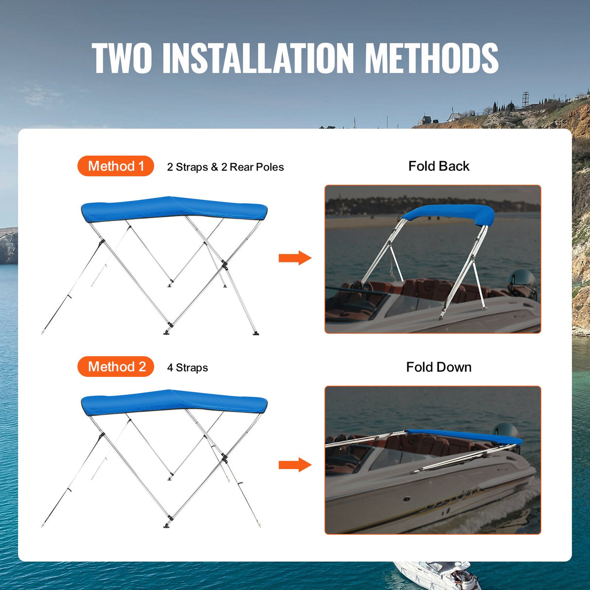VEVOR 3 Bow Bimini Top Boat Cover, 900D Polyester Canopy with 1" Aluminum Alloy Frame, Waterproof and Sun Shade, Includes Storage Boot, 2 Support