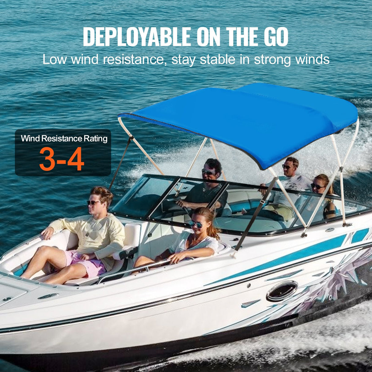 VEVOR 3 Bow Bimini Top Boat Cover, 900D Polyester Canopy with 1" Aluminum Alloy Frame, Waterproof and Sun Shade, Includes Storage Boot, 2 Support
