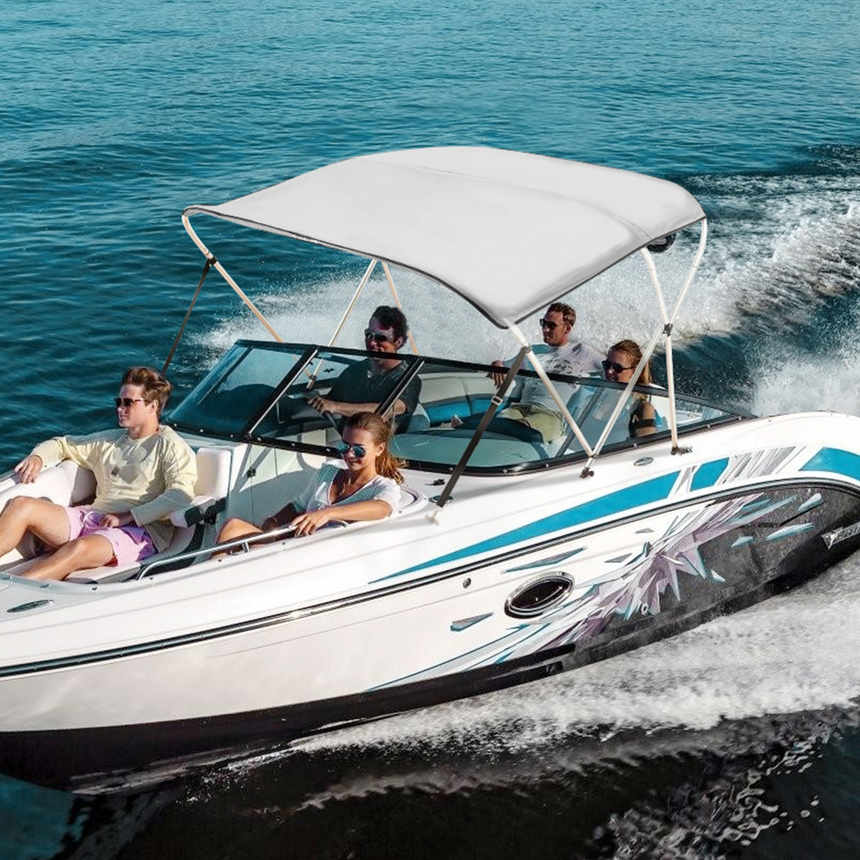 VEVOR 3 Bow Bimini Top Boat Cover, 900D Polyester Canopy with 1" Aluminum Alloy Frame, Waterproof and Sun Shade, Includes Storage Boot, 2 Support