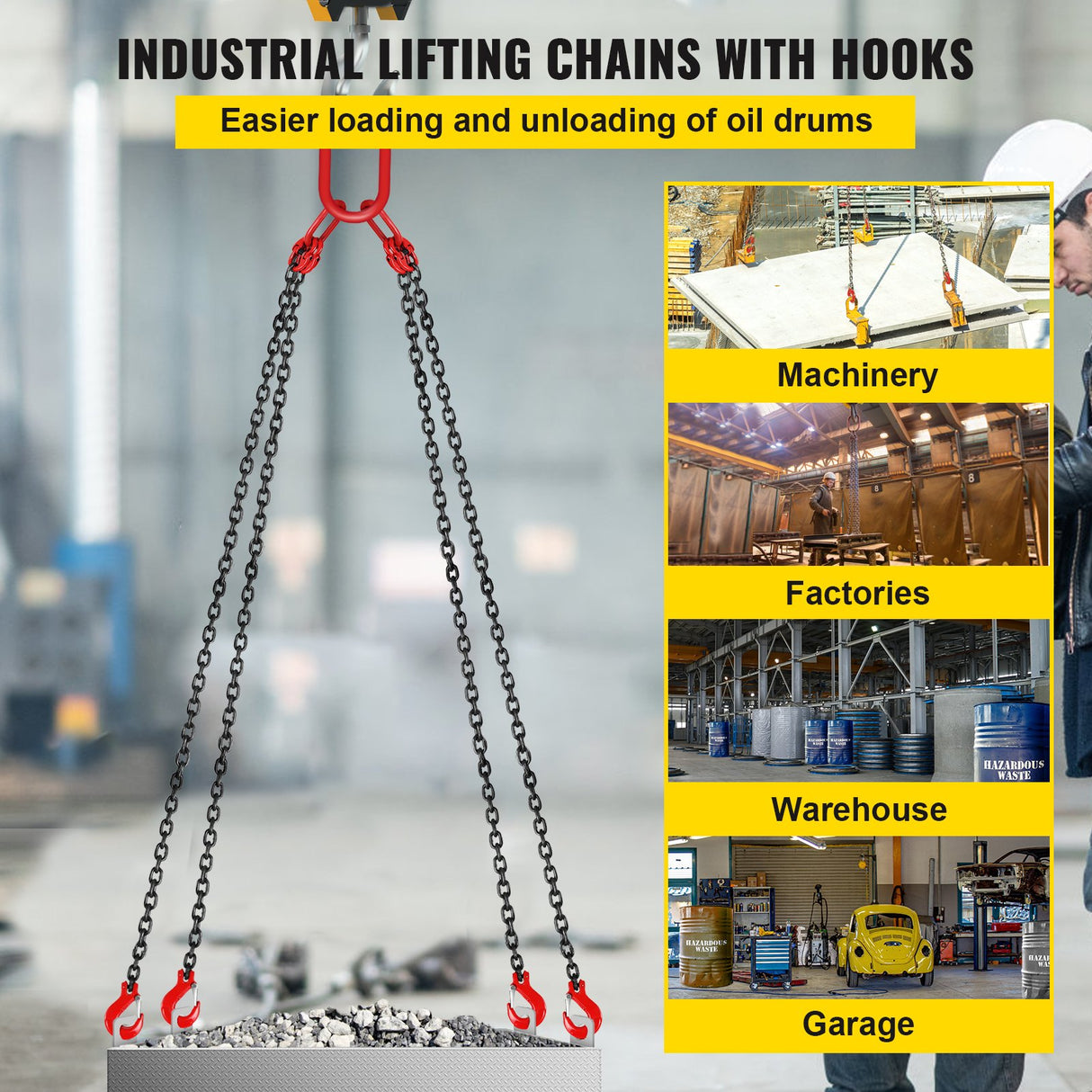 VEVOR Chain Sling 5/16" X 10' Engine Lift Chain G80 Alloy Steel Engine Chain Hoist Lifts 3 Ton with 4 Leg Grab Hooks and Adjuster