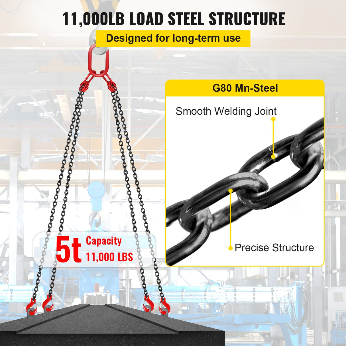 VEVOR Chain Sling 5/16" X 10' Engine Lift Chain G80 Alloy Steel Engine Chain Hoist Lifts 3 Ton with 4 Leg Grab Hooks and Adjuster