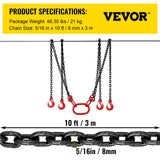 VEVOR Chain Sling 5/16" X 10' Engine Lift Chain G80 Alloy Steel Engine Chain Hoist Lifts 3 Ton with 4 Leg Grab Hooks and Adjuster