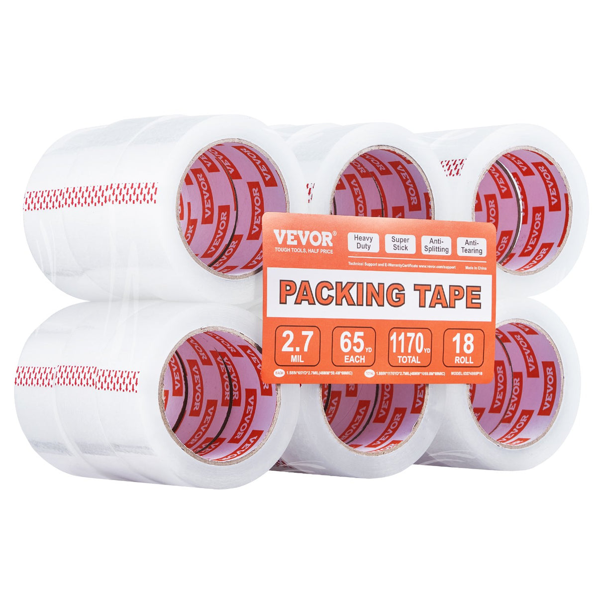 VEVOR Packing Tape 18 Rolls 65 Yards Heavy Duty Clear Packing Tapes 2.7 Mil