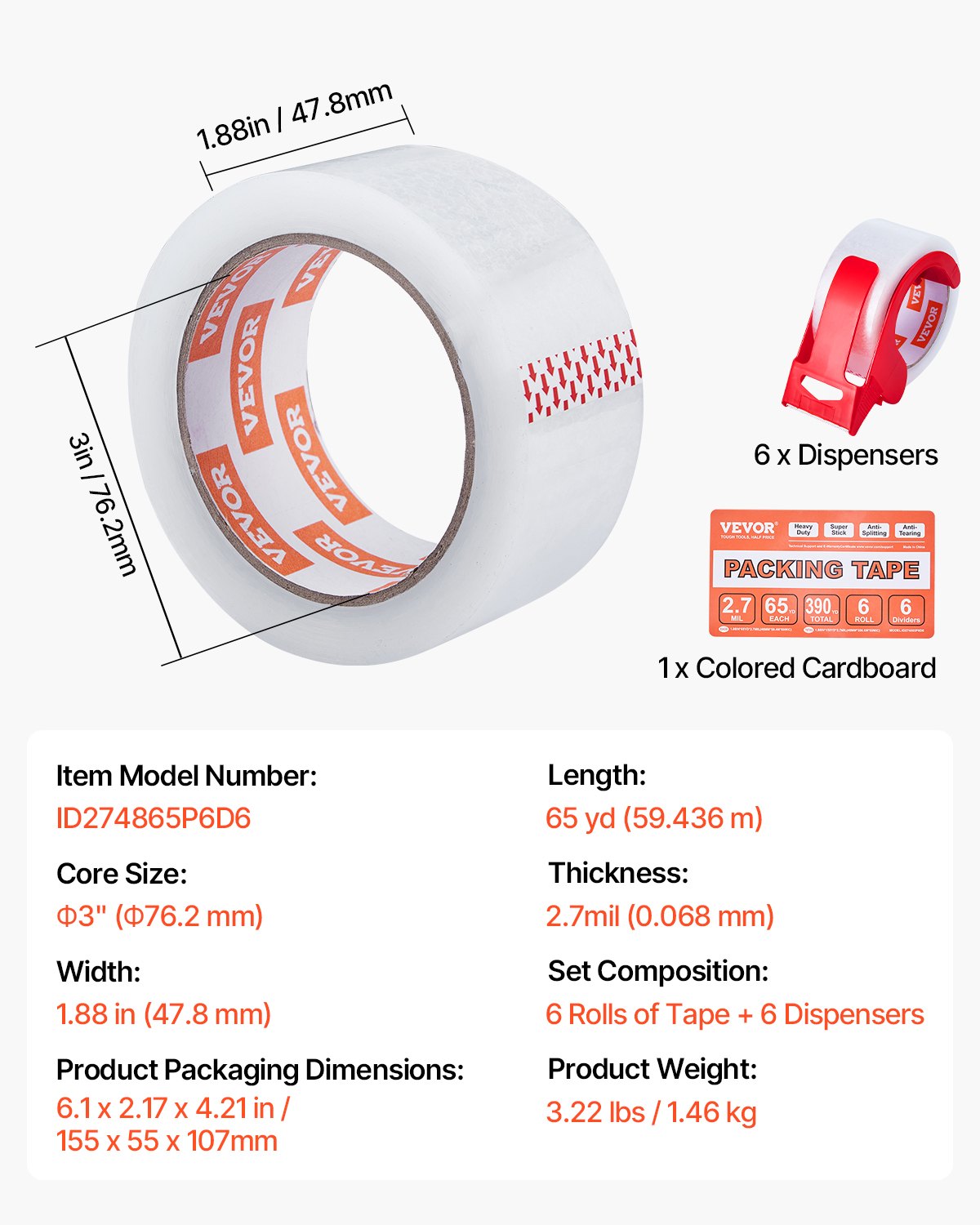 VEVOR Packing Tape 6 Rolls 65 Yards Clear Shipping Tape with Dispenser 2.7 Mil