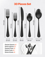 VEVOR 30-Piece Black Silverware Set, Food-Grade Stainless Steel Flatware Utensils for 6, Mirror Finished Cutlery Set, Dishwasher Safe Eating Tableware for Kitchen Home, Include Knife Fork Spoon - Front View